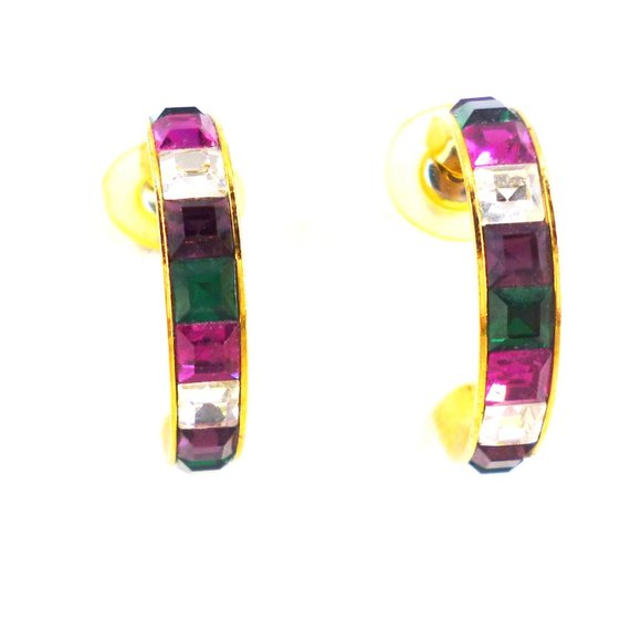 Half Hoop Earrings Deep Rainbow Tones Purple Emerald Green Gold 1 1/8" EUC 17700 - Picture 1 of 4